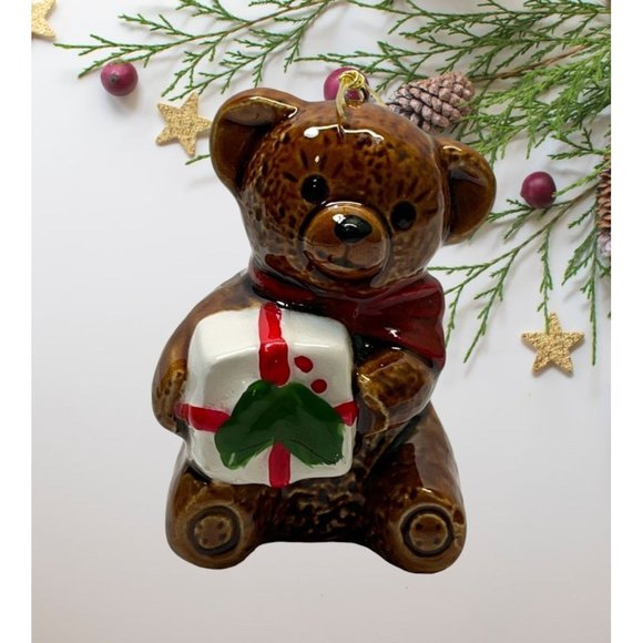 Vintage Teddy Bear Christmas Tree Ornament Ceramic Japan Holding Gift - Picture 1 of 7